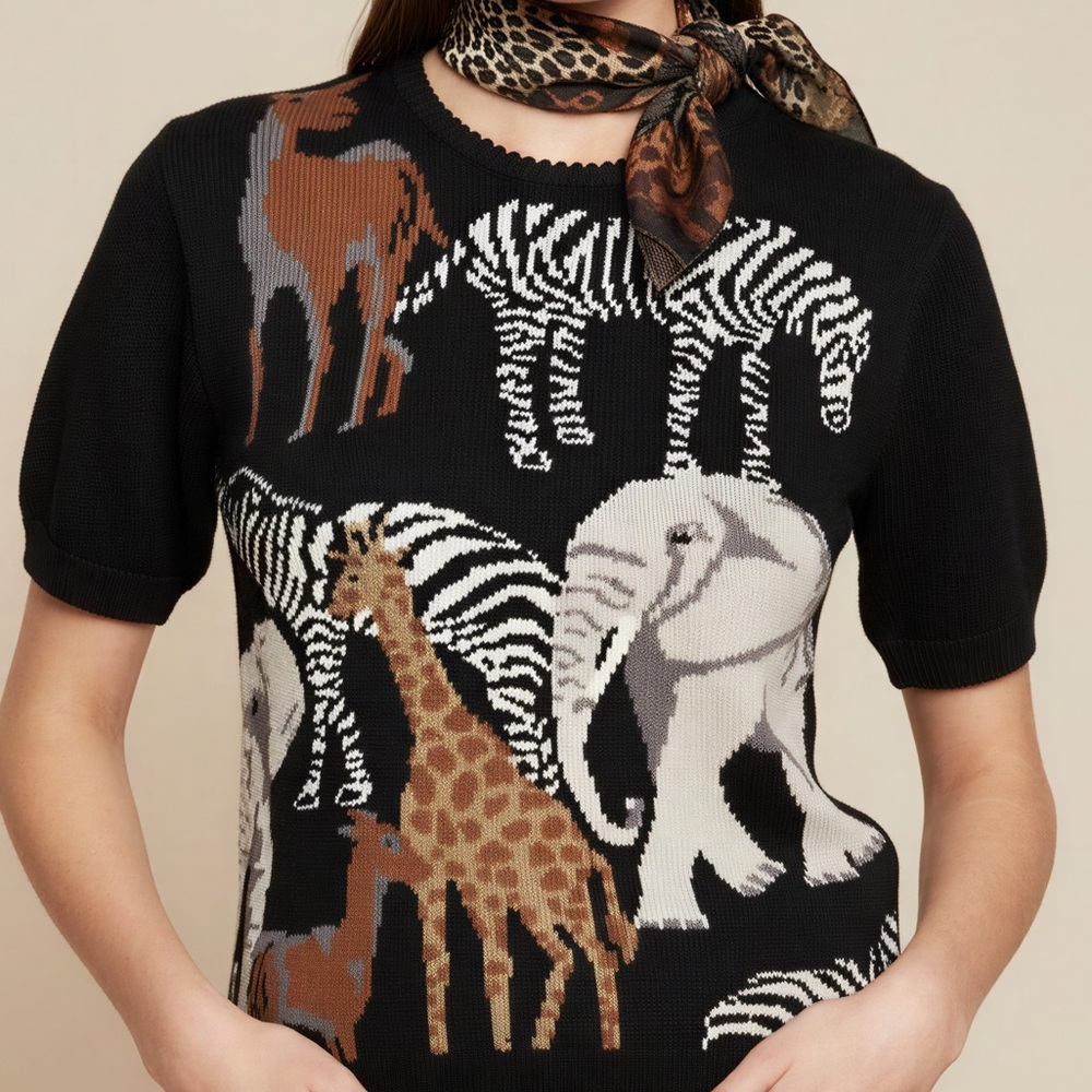 Vintage Terazzo Jungle Animal Print Crew‎ Neck Short Sleeve Sweater - L